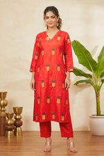 Radiant Red Silk V-Neck Kurti with Multicolored Embroidered Motifs