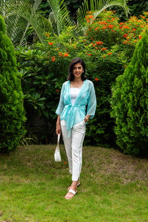 Aqua Blue Soft Organza Tie-Front Shrug