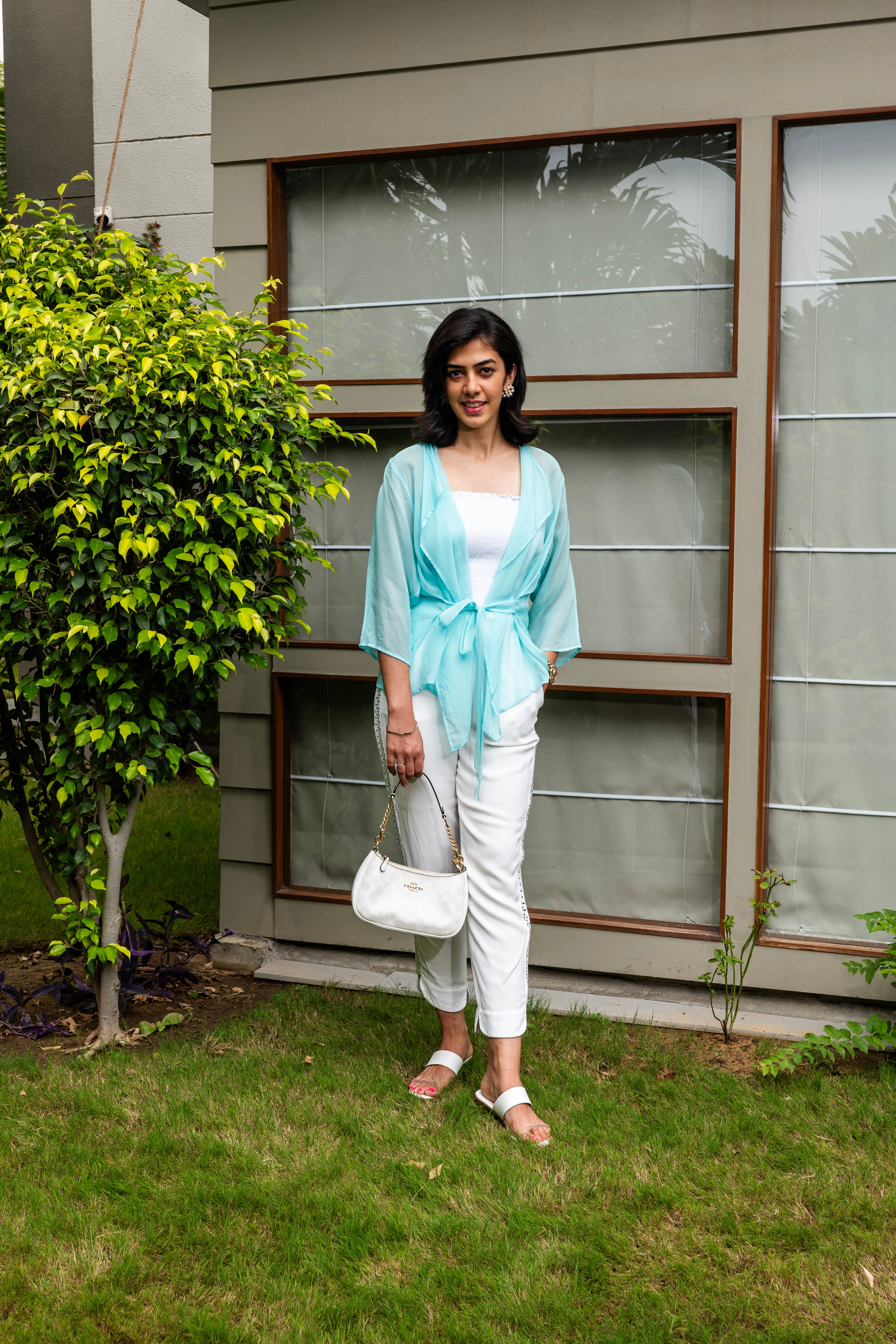 Aqua Blue Soft Organza Tie-Front Shrug