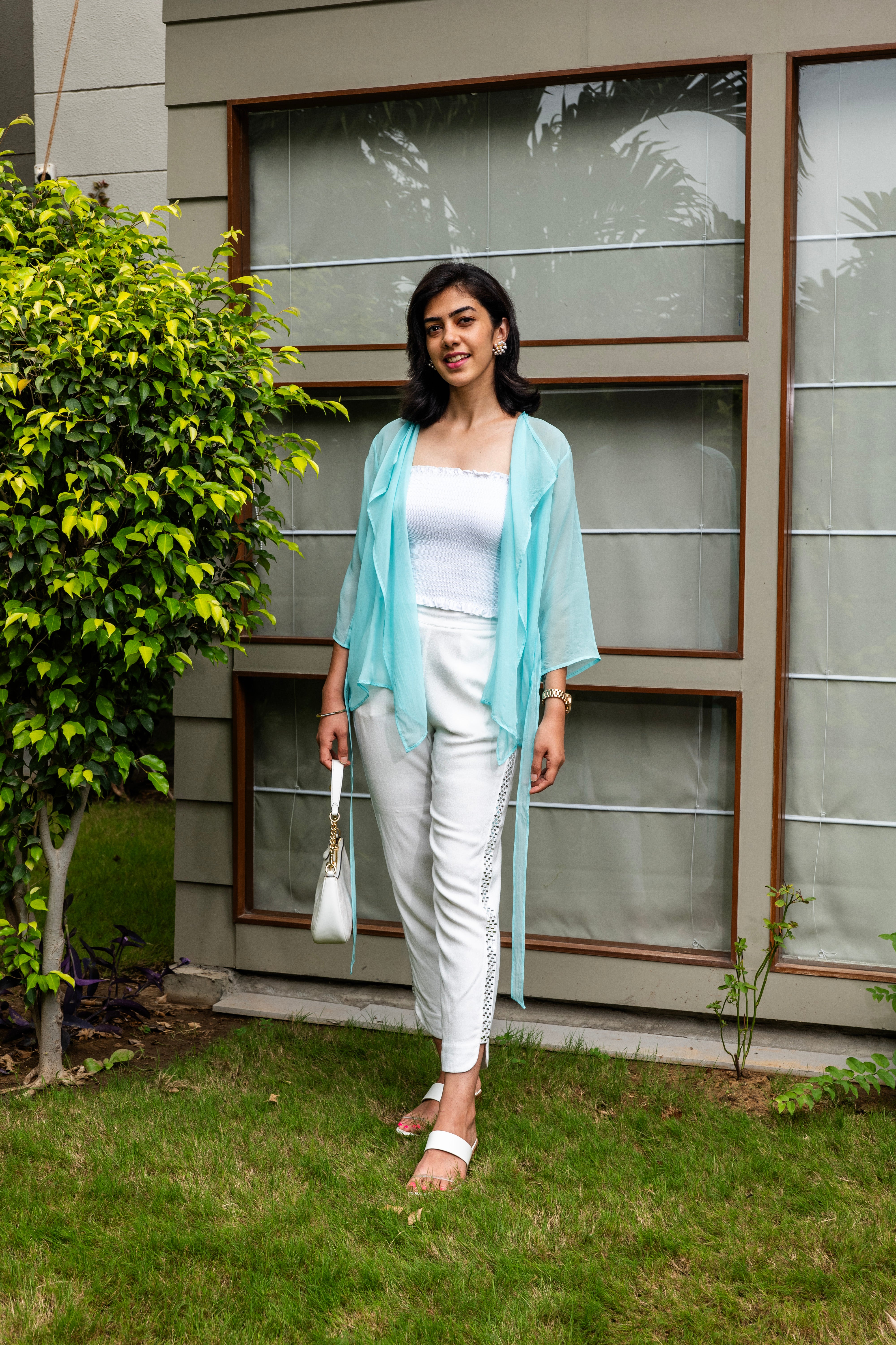 Aqua Blue Soft Organza Tie-Front Shrug