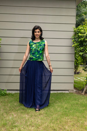 Green Printed Silk Boxy Top & Navy Blue Georgette Palazzo Set