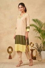 Elegant Color-Blocked Silk Kurti with Embroidered V-Neck