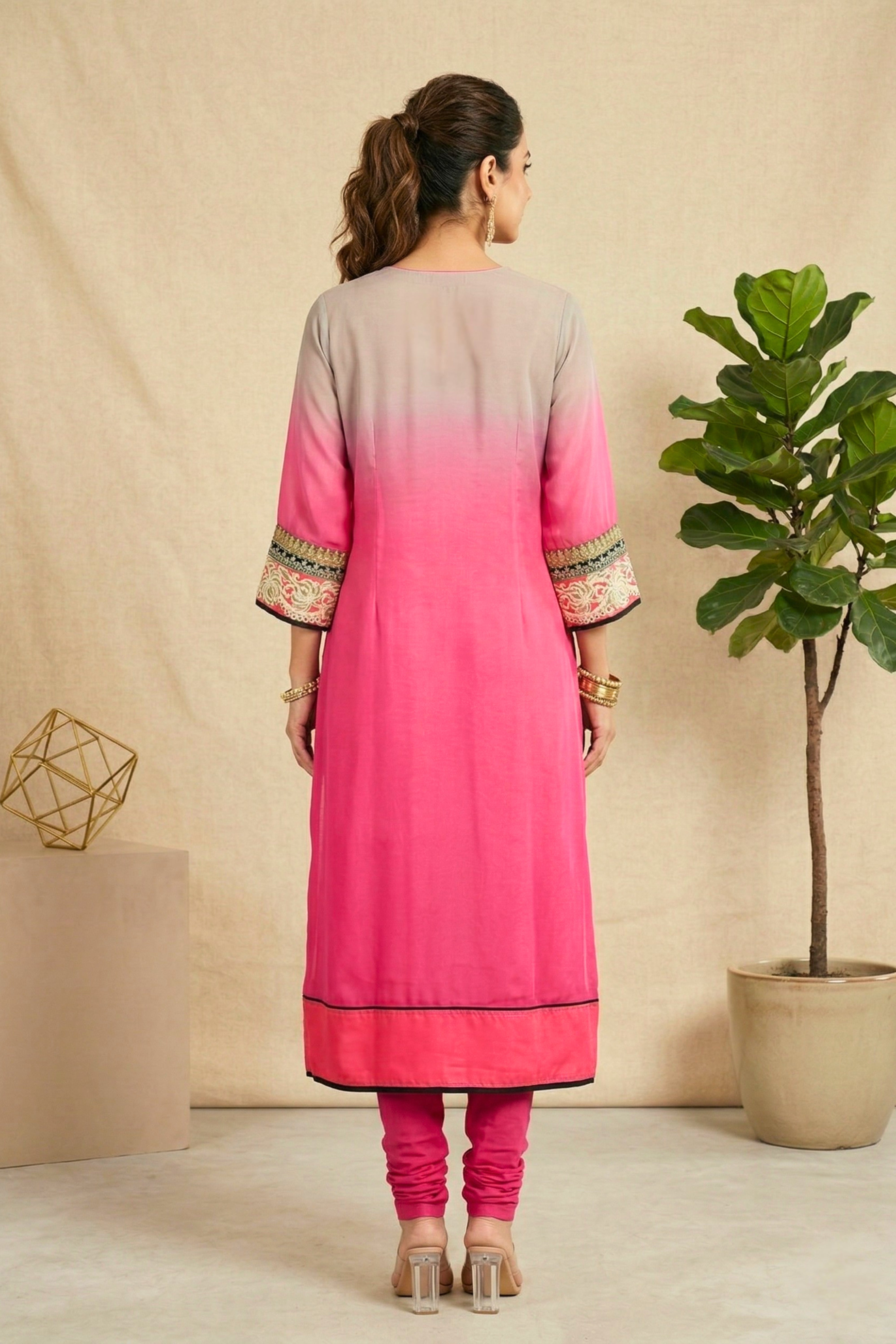 Stunning Grey & Hot Pink Ombre Georgette Kurti with Intricate Embroidery