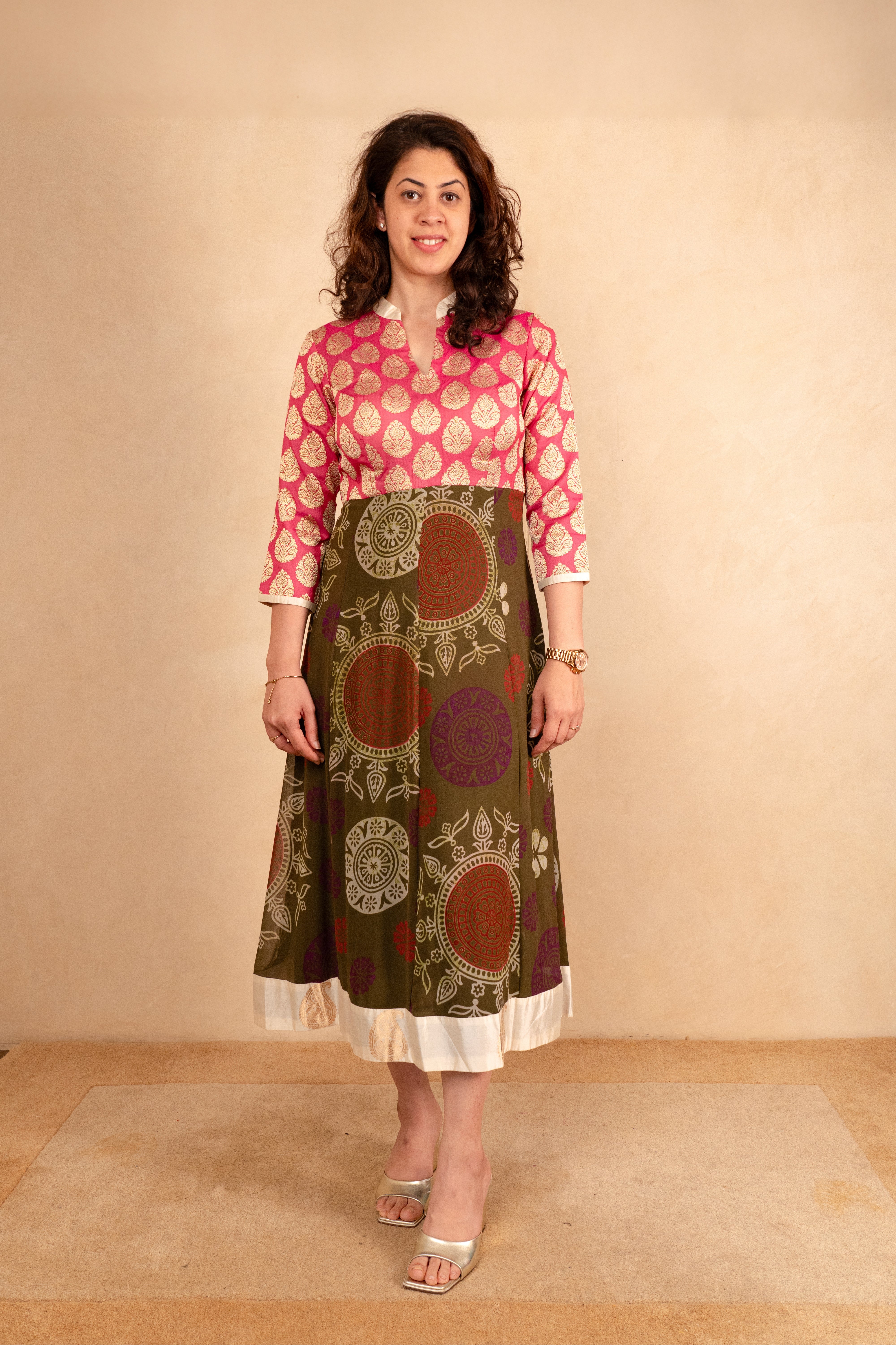Pink Upada Silk Brocade & Olive Print Kalidar Dress