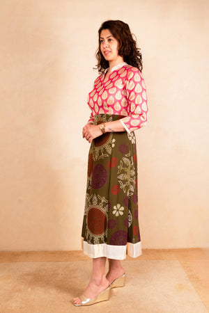 Pink Upada Silk Brocade & Olive Print Kalidar Dress