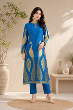Peacock Blue Gold Motif Silk Kurta