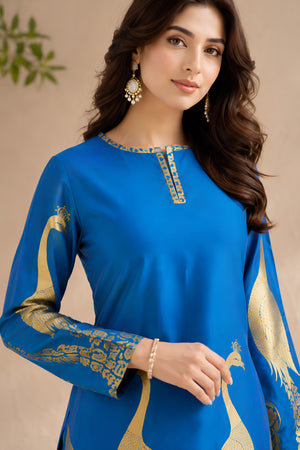 Peacock Blue Gold Motif Silk Kurta