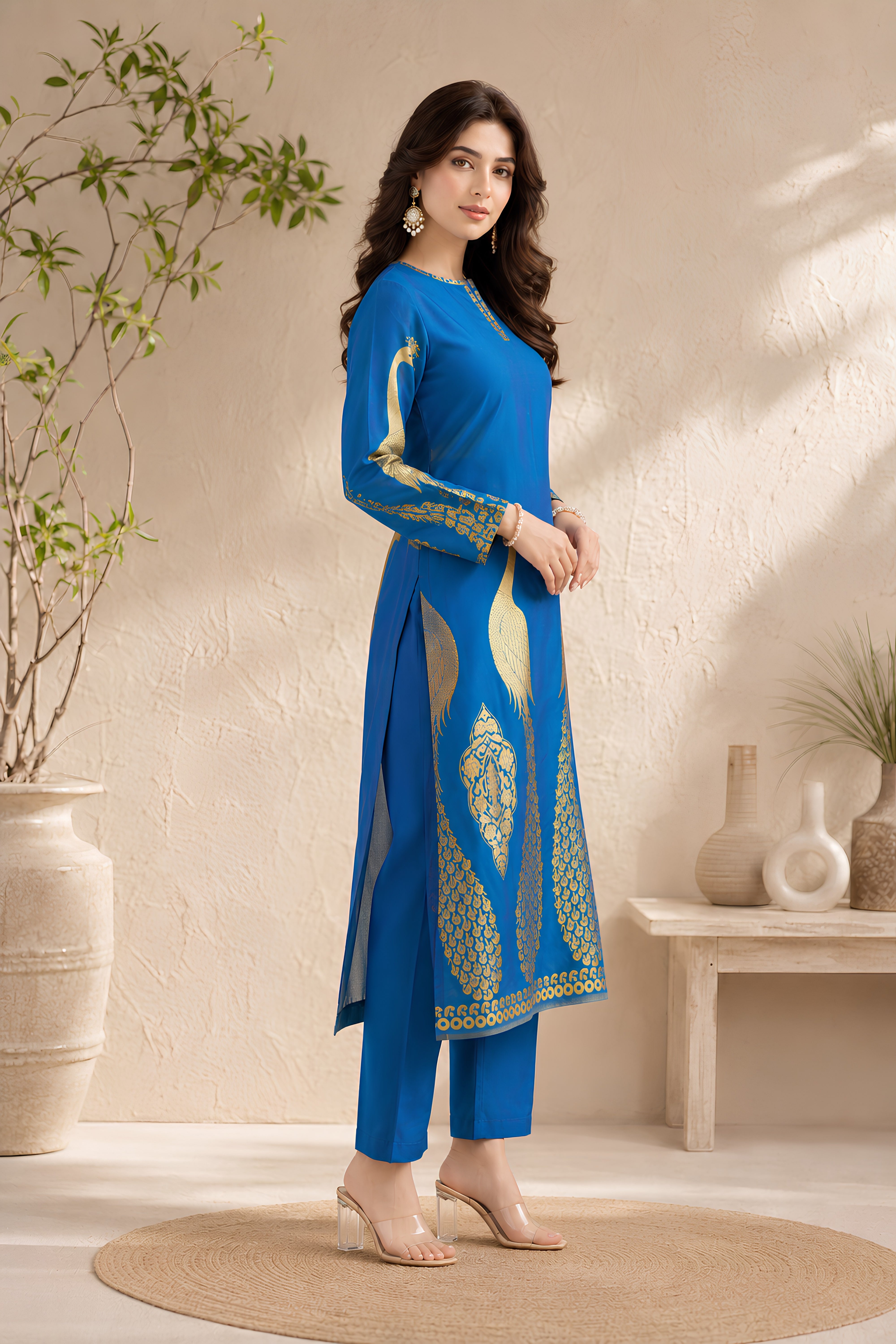 Peacock Blue Gold Motif Silk Kurta