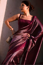 Celebrity Inspired Exquisite Maroon Striped Tissue Saree