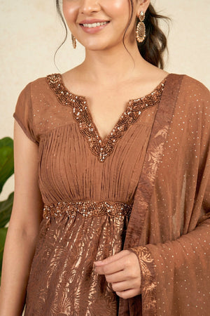 Elegant Chocolate Brown Georgette Suit Set with Foil Print & Sequin Embroidery