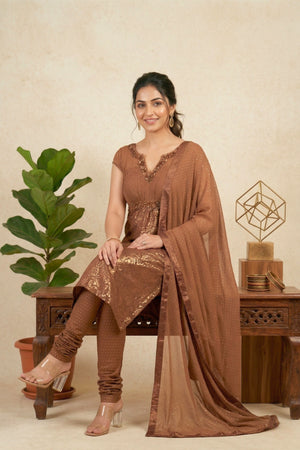 Elegant Chocolate Brown Georgette Suit Set with Foil Print & Sequin Embroidery