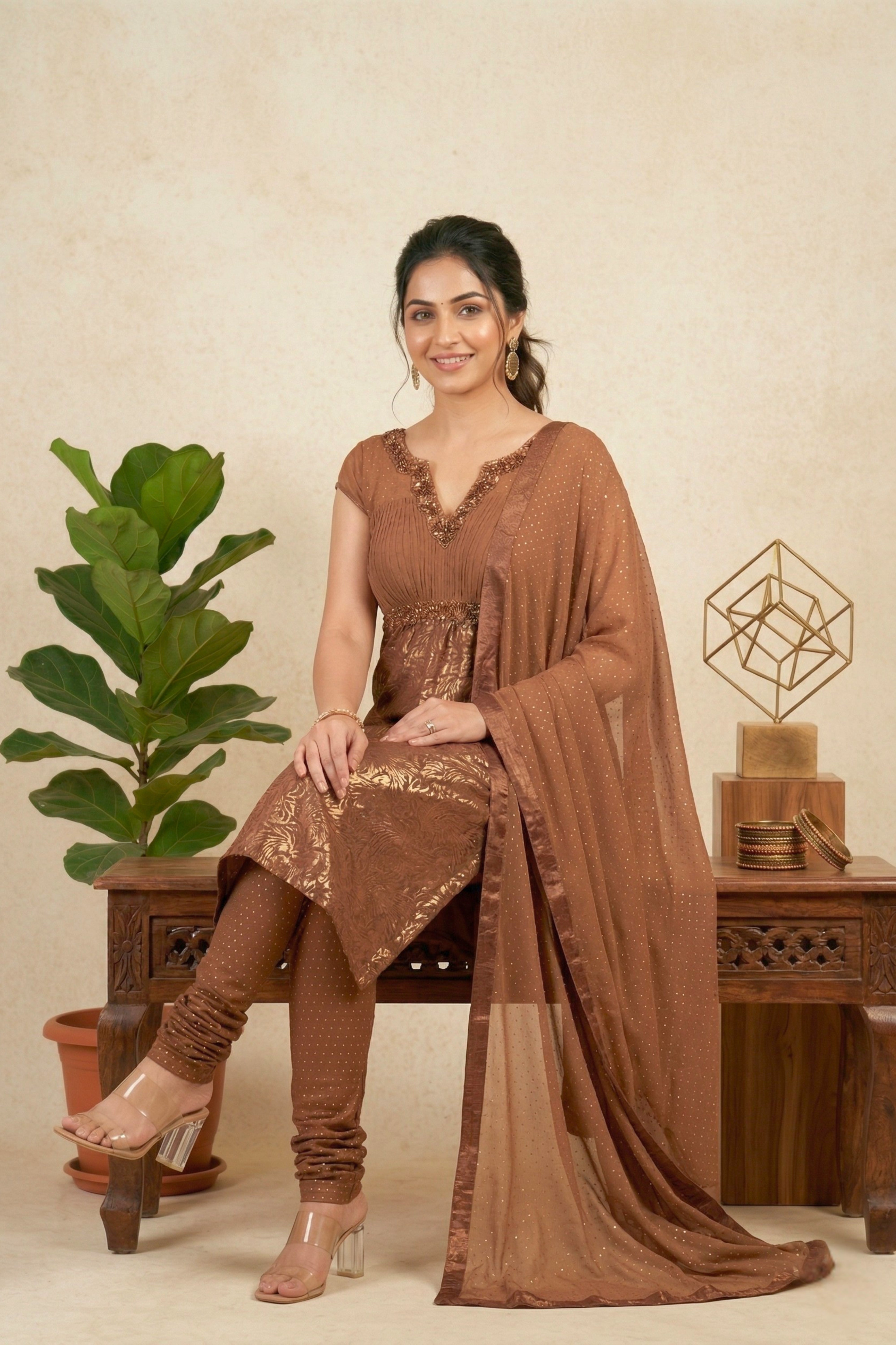 Elegant Chocolate Brown Georgette Suit Set with Foil Print & Sequin Embroidery