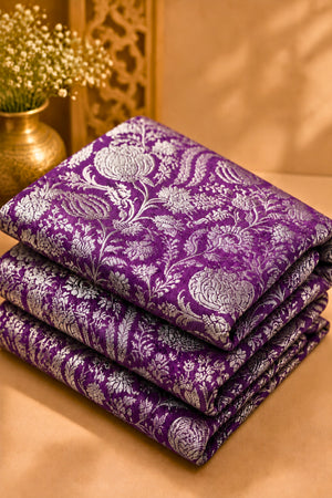 Premium Royal Purple Banarasi Silk Fabric with Silver Zari Floral Jaal (Unstitched Than)