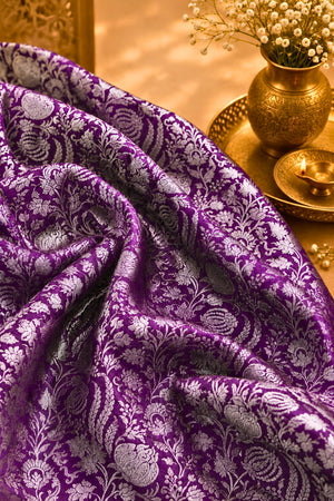 Premium Royal Purple Banarasi Silk Fabric with Silver Zari Floral Jaal (Unstitched Than)