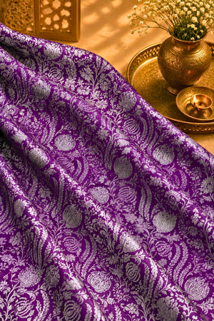 Premium Royal Purple Banarasi Silk Fabric with Silver Zari Floral Jaal (Unstitched Than)