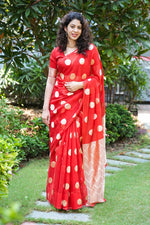 Crimson Red Banarasi Georgette Saree with Gold Zari Polka Dots & Chevron Pallu