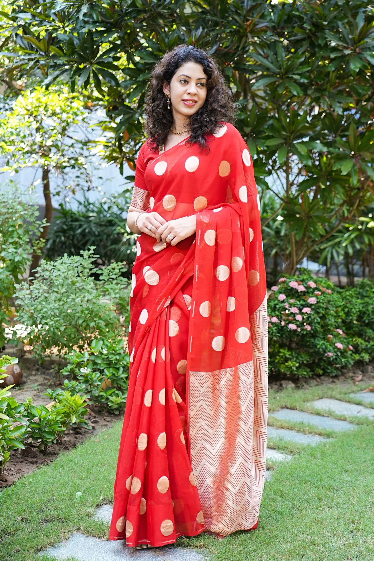 Crimson Red Banarasi Georgette Saree with Gold Zari Polka Dots & Chevron Pallu