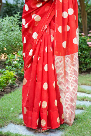 Crimson Red Banarasi Georgette Saree with Gold Zari Polka Dots & Chevron Pallu