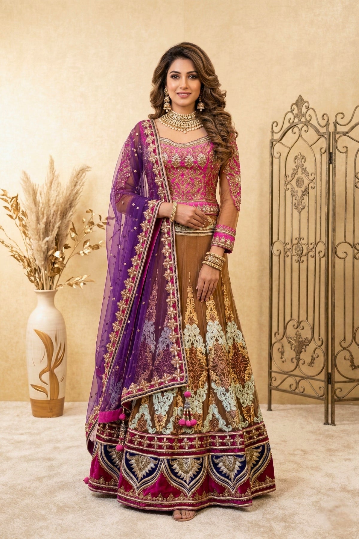 Royal Multi-Colored Peplum Lehenga with Heavy Zari Embroidery & Purple Dupatta