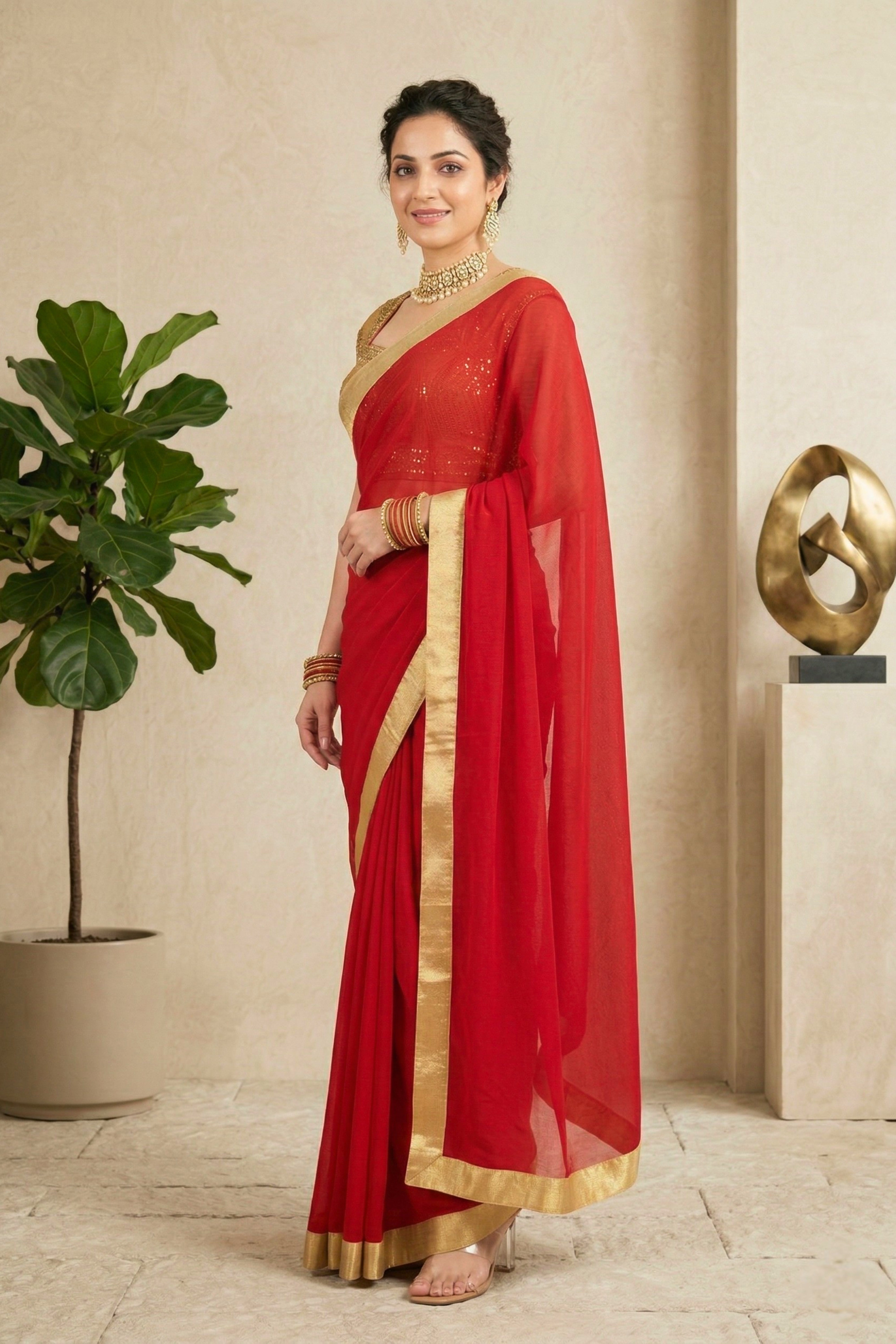 Classic Red Georgette Saree with Solid Gold Border & Readymade Blouse
