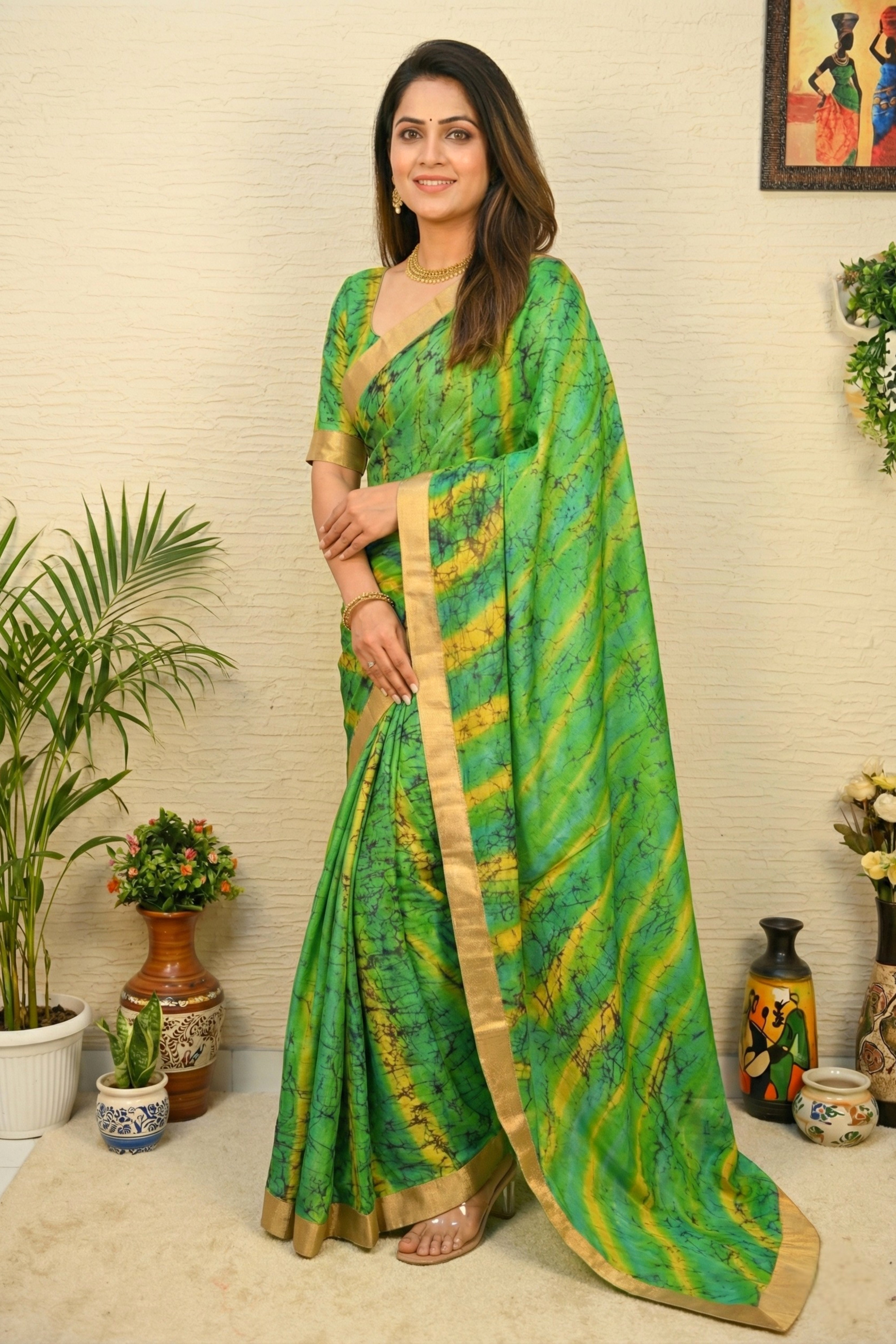 Green Tie-Dye Tabby Silk Saree with Gold Border