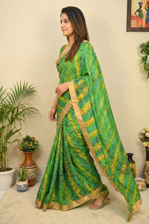 Green Tie-Dye Tabby Silk Saree with Gold Border