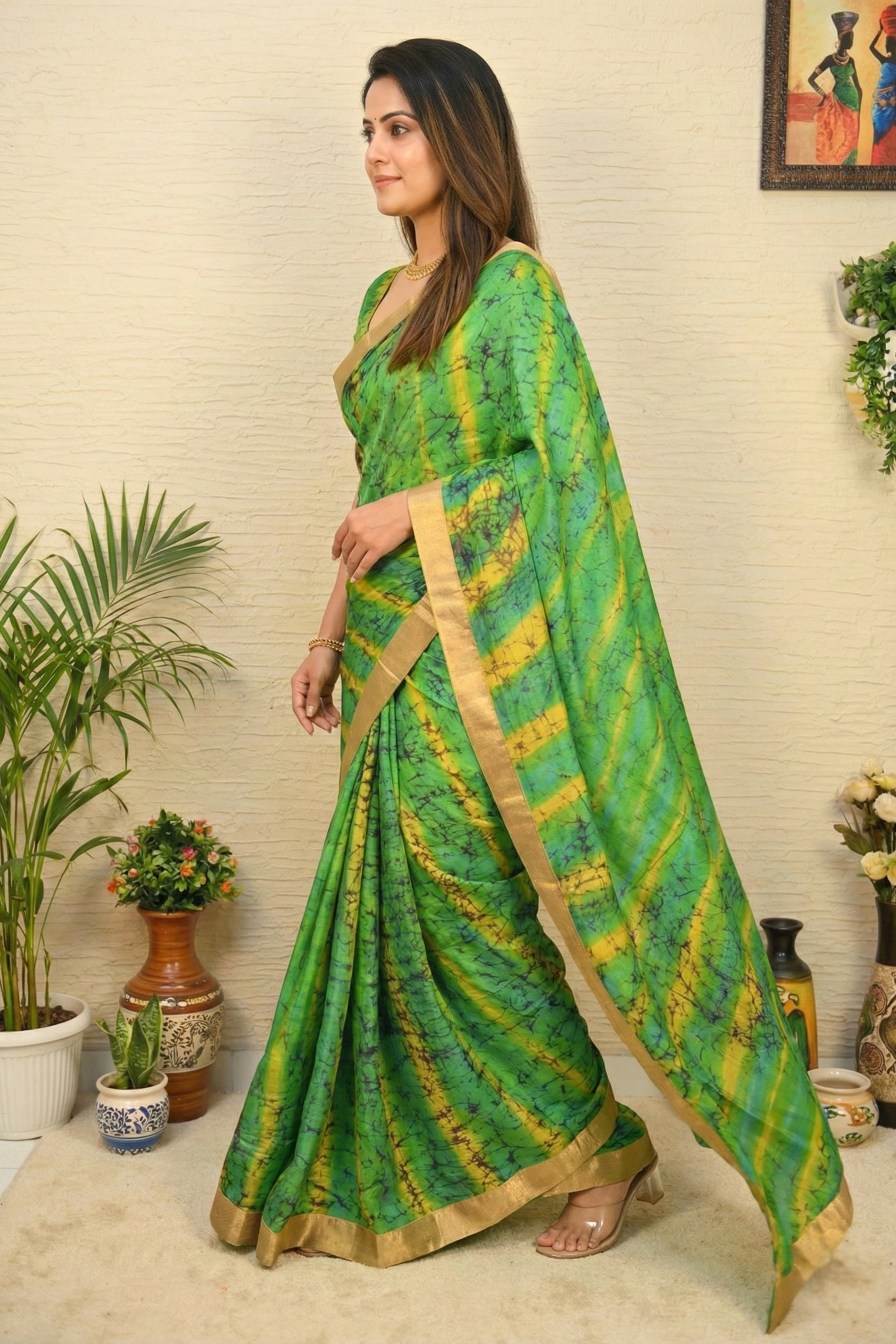 Green Tie-Dye Tabby Silk Saree with Gold Border
