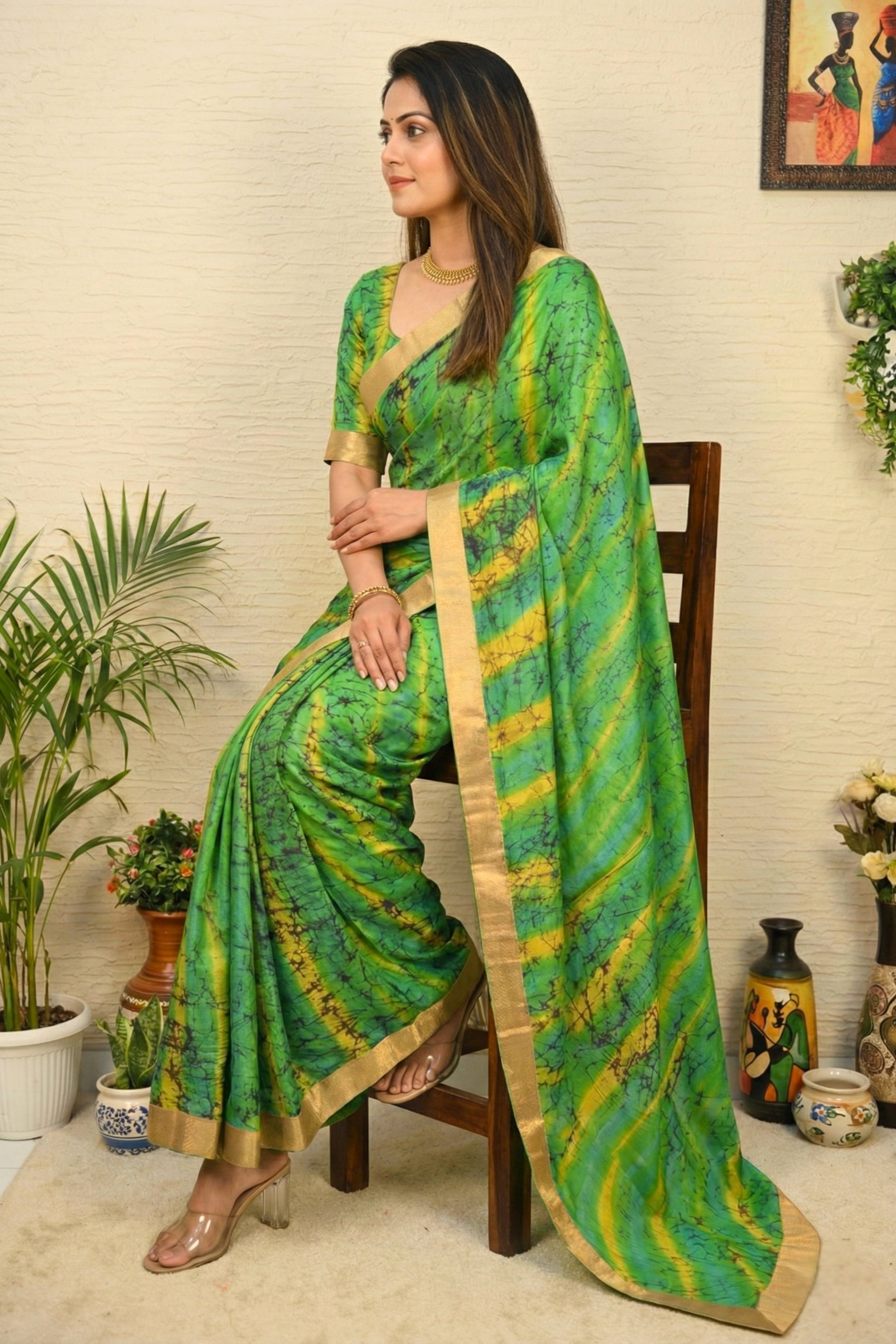 Green Tie-Dye Tabby Silk Saree with Gold Border