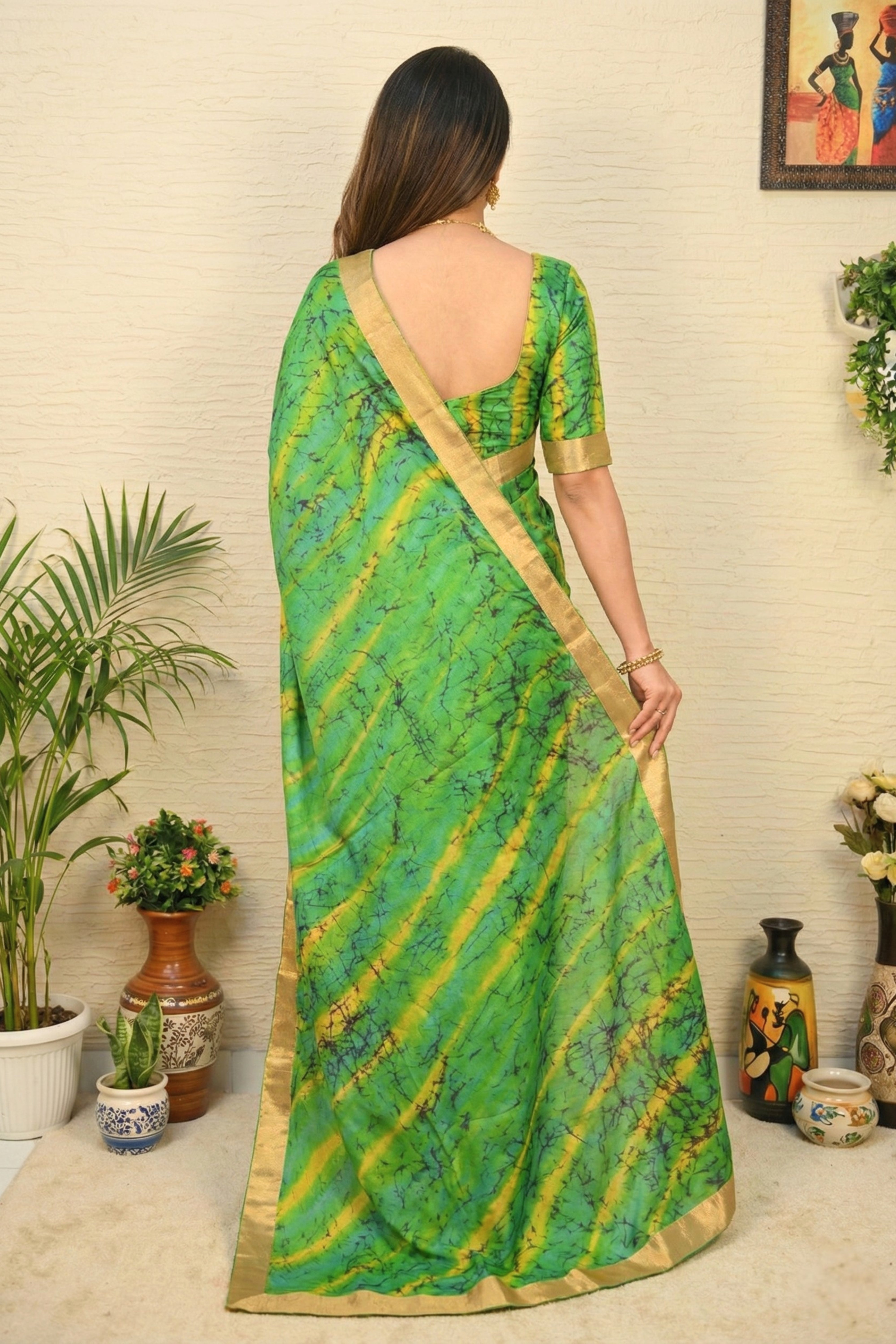 Green Tie-Dye Tabby Silk Saree with Gold Border