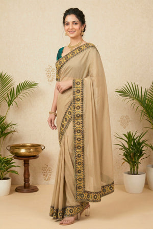 Champagne Georgette Saree with Embroidered Velvet Border