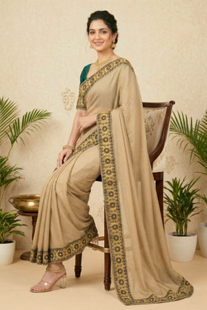 Champagne Georgette Saree with Embroidered Velvet Border
