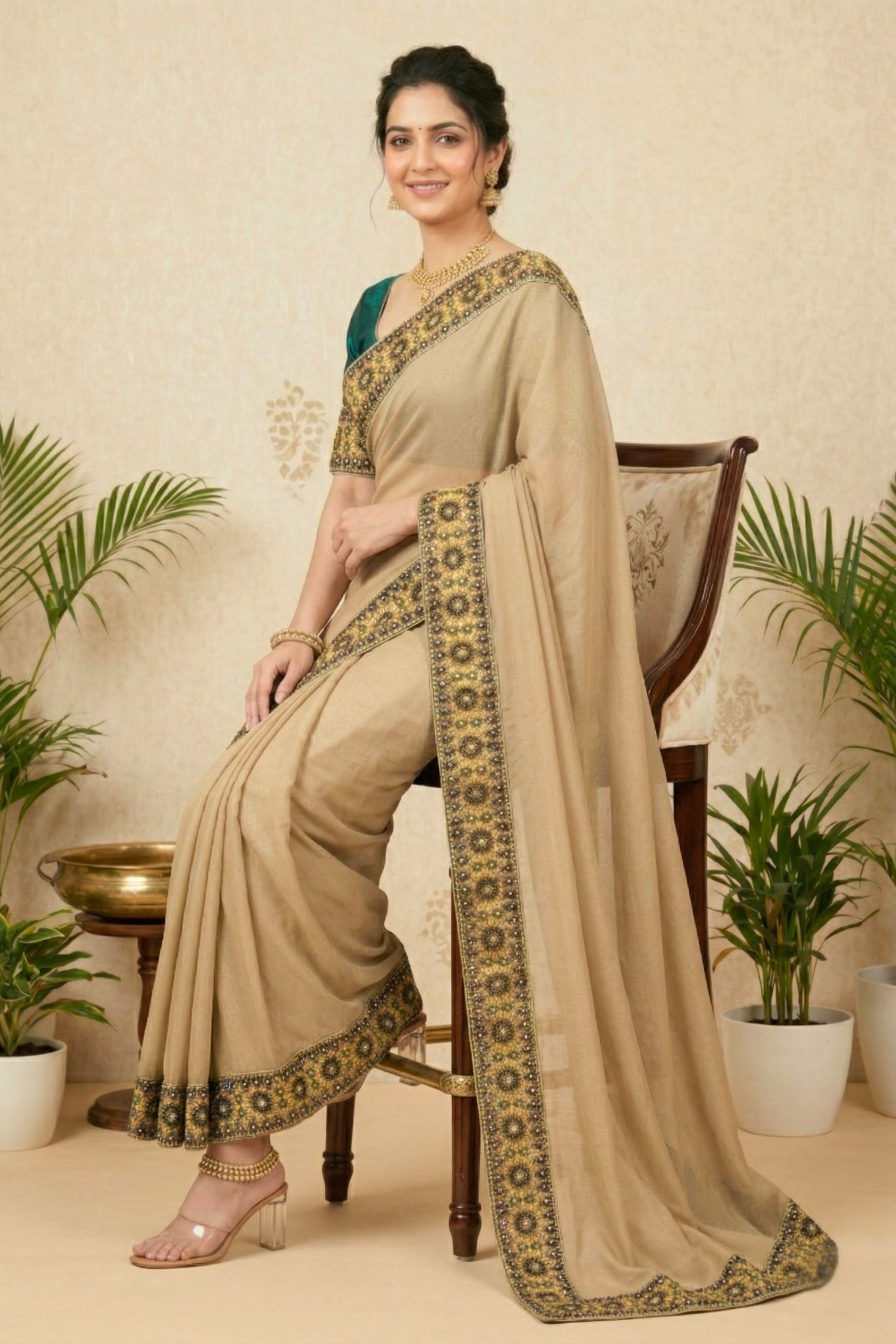 Champagne Georgette Saree with Embroidered Velvet Border