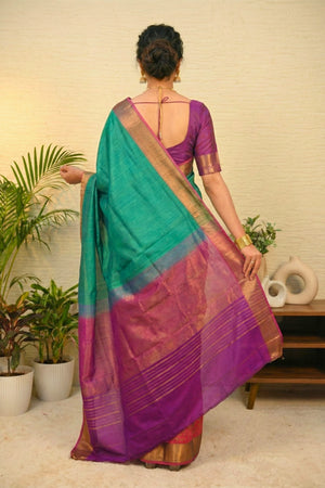Emerald Green & Rani Pink Half-and-Half Banarasi Silk Saree