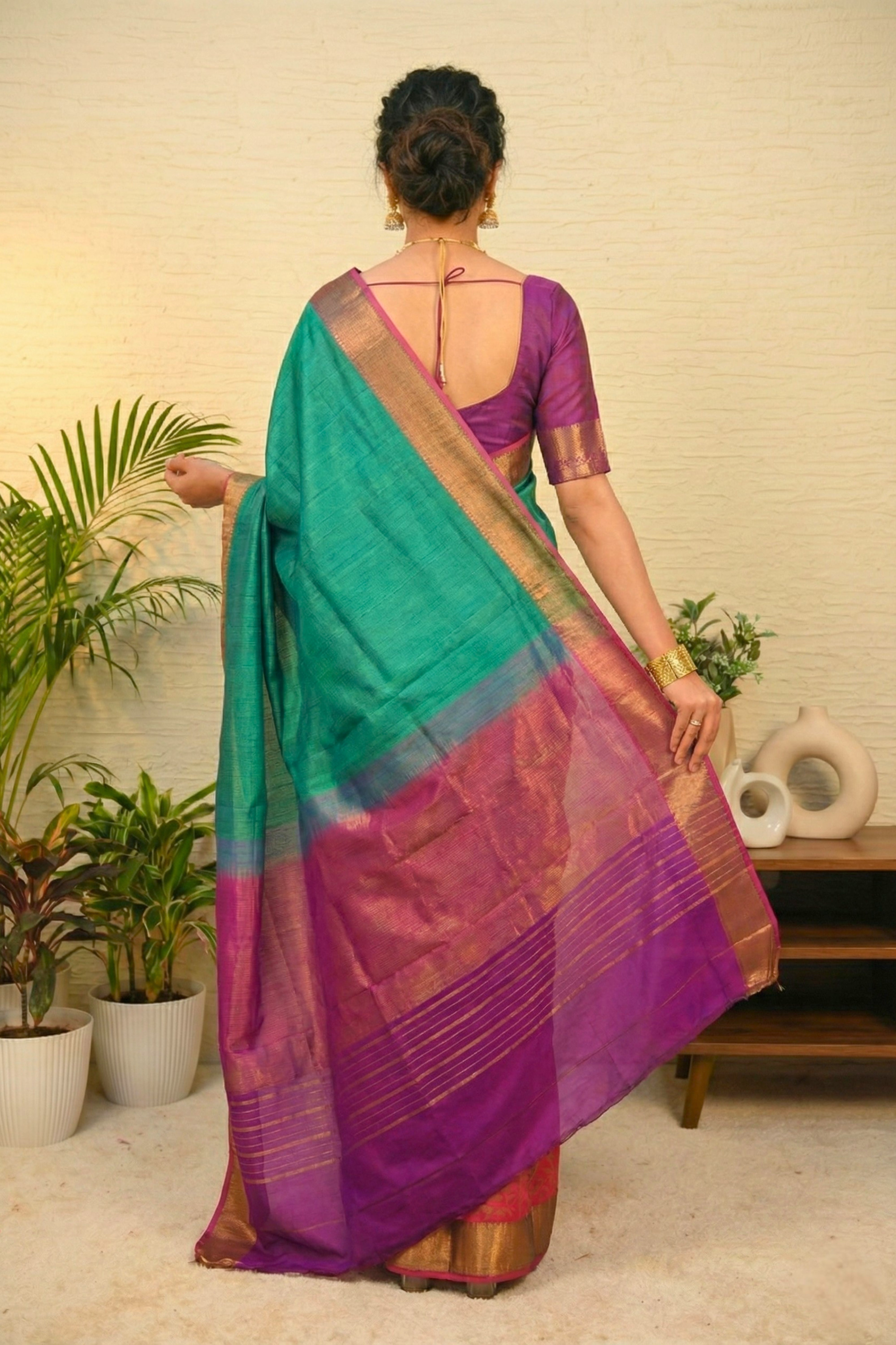 Emerald Green & Rani Pink Half-and-Half Banarasi Silk Saree