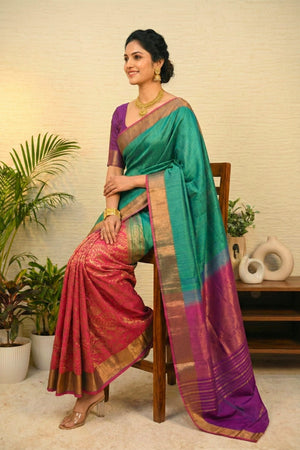 Emerald Green & Rani Pink Half-and-Half Banarasi Silk Saree