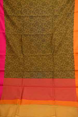 Earthy Olive Handloom Cotton Saree with Vibrant Pink & Orange Border