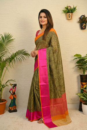 Earthy Olive Handloom Cotton Saree with Vibrant Pink & Orange Border