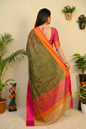 Earthy Olive Handloom Cotton Saree with Vibrant Pink & Orange Border