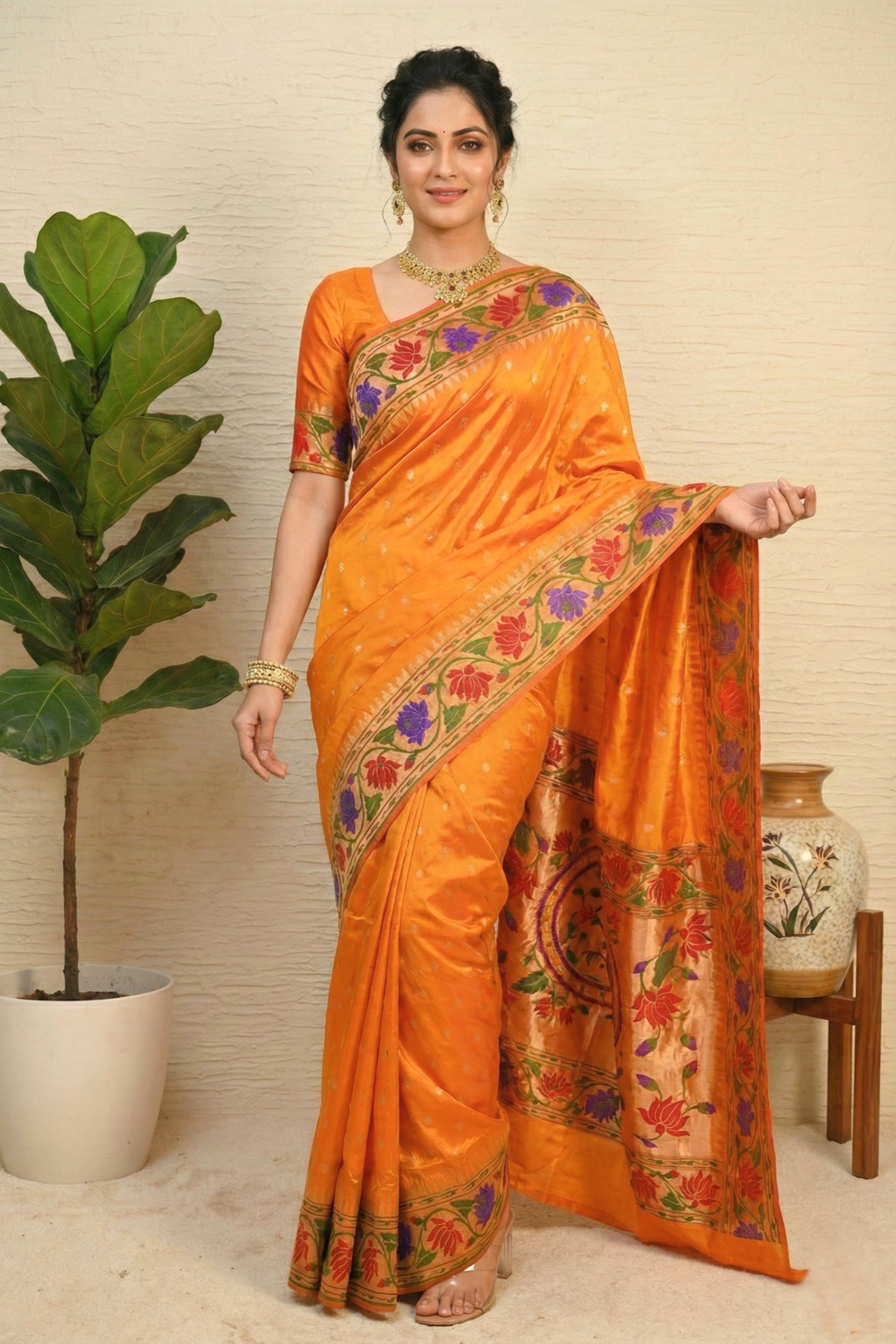 Radiant Mango Orange Paithani Silk Saree with Grand Floral Pallu
