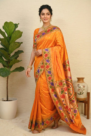 Radiant Mango Orange Paithani Silk Saree with Grand Floral Pallu