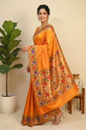Radiant Mango Orange Paithani Silk Saree with Grand Floral Pallu