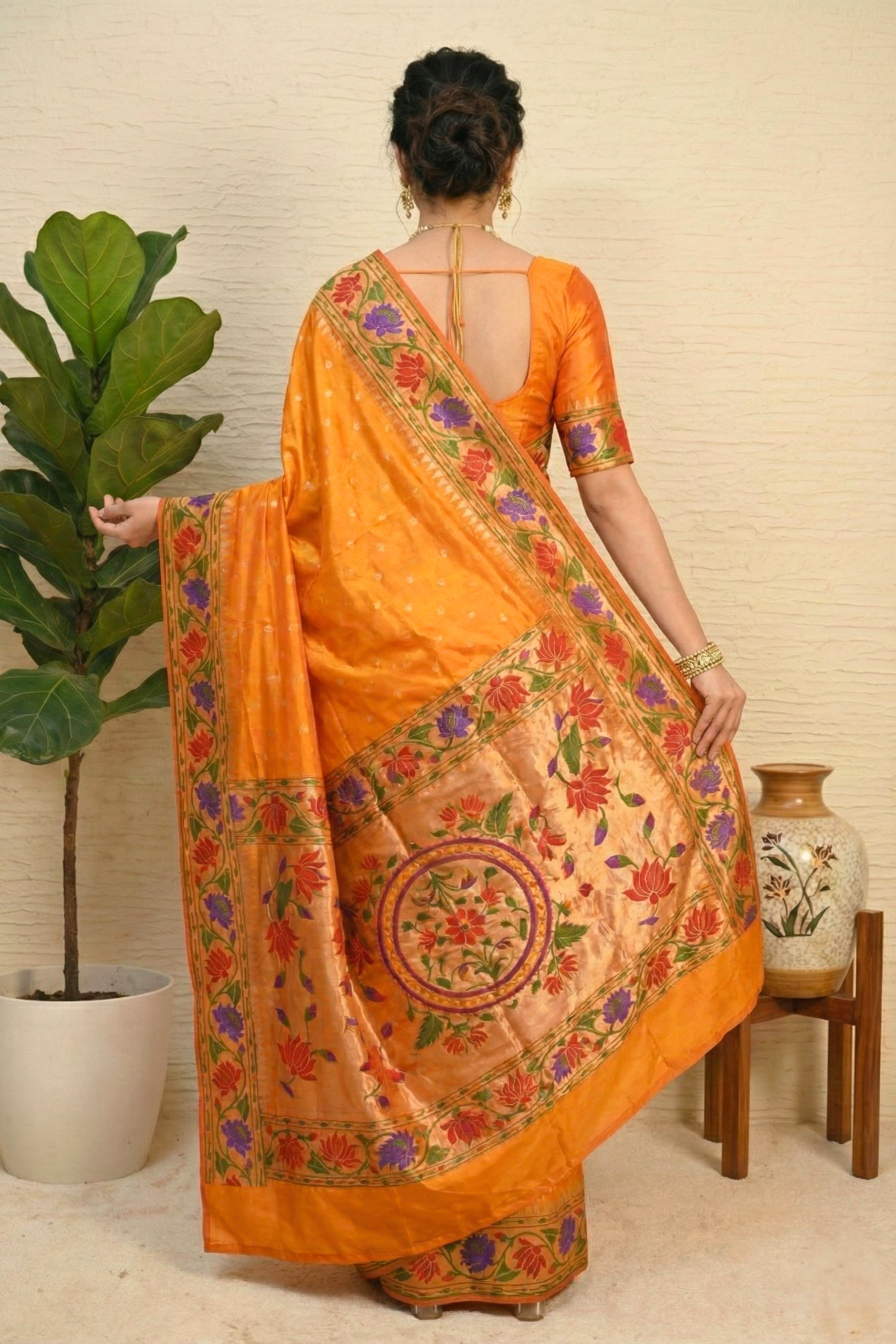Radiant Mango Orange Paithani Silk Saree with Grand Floral Pallu