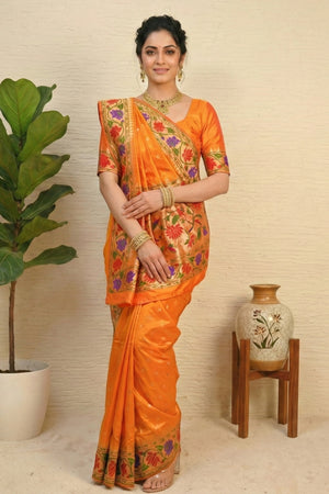 Radiant Mango Orange Paithani Silk Saree with Grand Floral Pallu