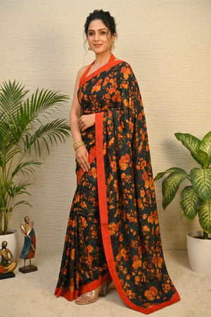 Vintage Rose Tabby Silk Saree in Deep Black and Rust
