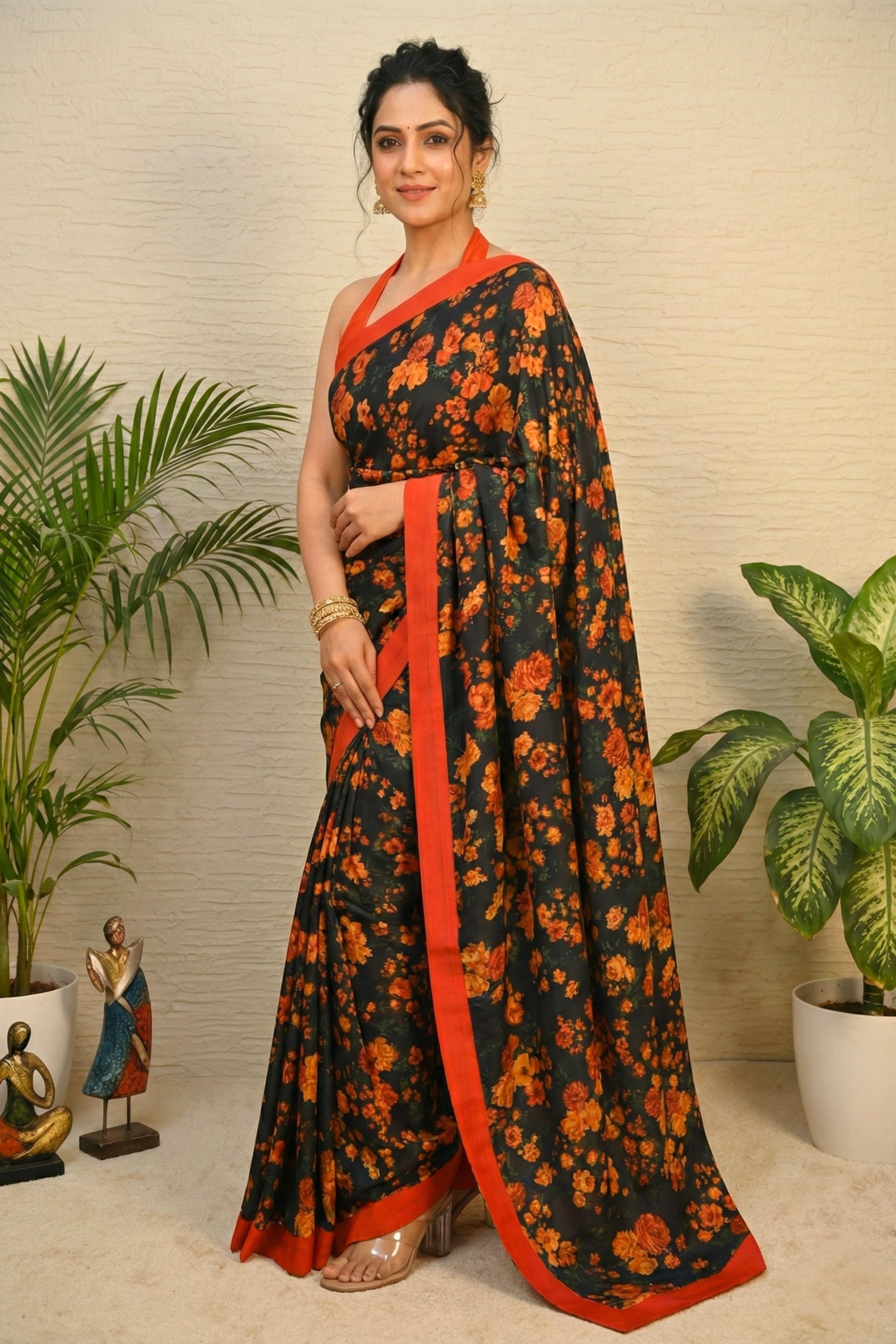 Vintage Rose Tabby Silk Saree in Deep Black and Rust