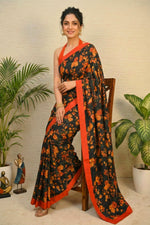 Vintage Rose Tabby Silk Saree in Deep Black and Rust