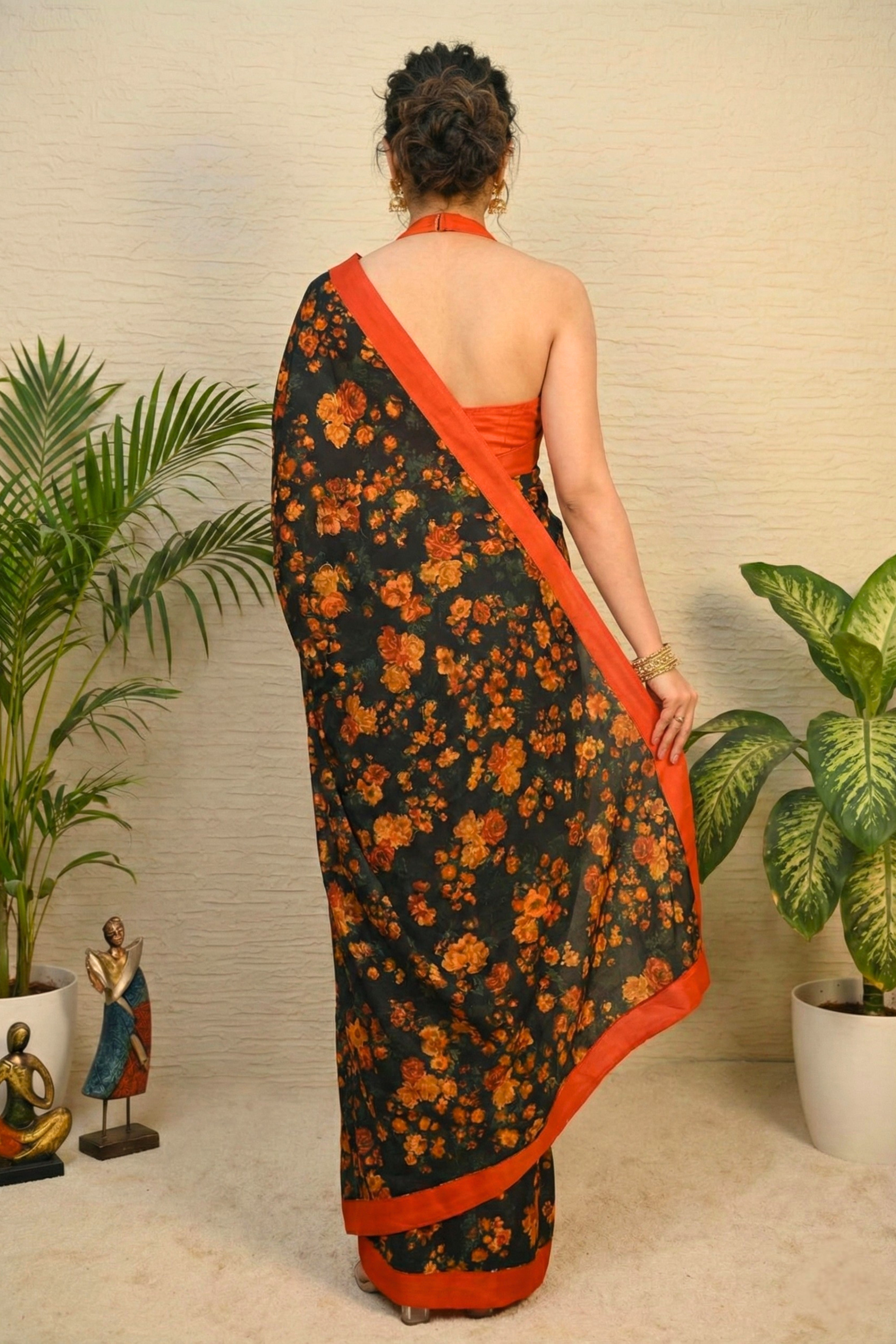 Vintage Rose Tabby Silk Saree in Deep Black and Rust