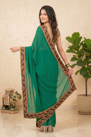 Emerald Green Georgette Saree with Embroidered Velvet Border