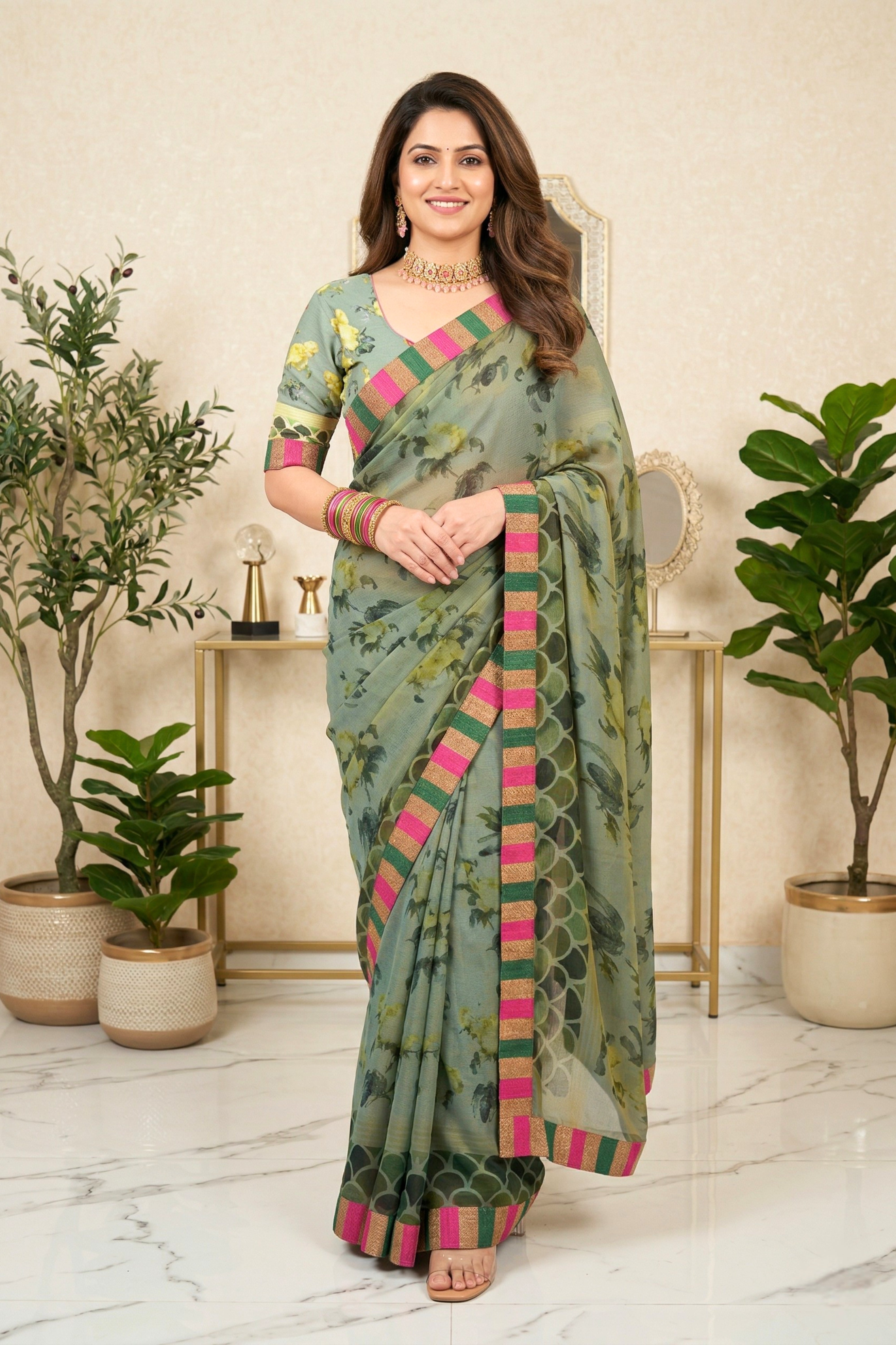 Sage Green Vintage Floral Chiffon Saree with Striped Border