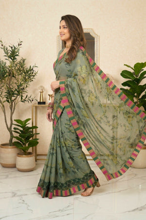 Sage Green Vintage Floral Chiffon Saree with Striped Border